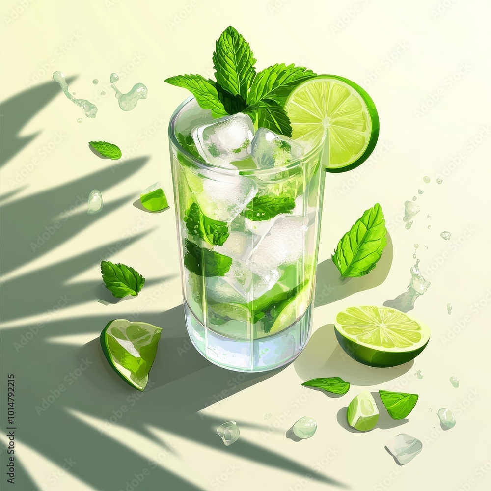 Transparent glass of mint mojito with crushed ice, mint leaves, and lime slices Transparent glass of mint mojito with crushed ice, mint leaves, and lime slices