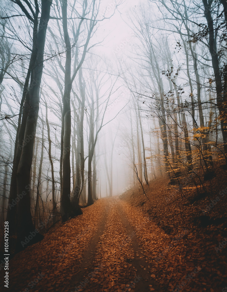Foggy Autumn Forest Path Lined with Fallen Leaves Foggy Autumn Forest Path Lined with Fallen Leaves