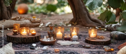 Serene Healing Space with Candles and Crystals