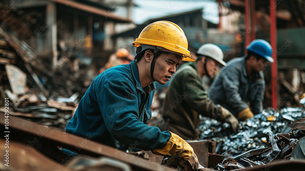 Team of workers in helmets and gloves looking at scrap metal and E-waste. Team of workers in helmets and gloves looking at scrap metal and E-waste.