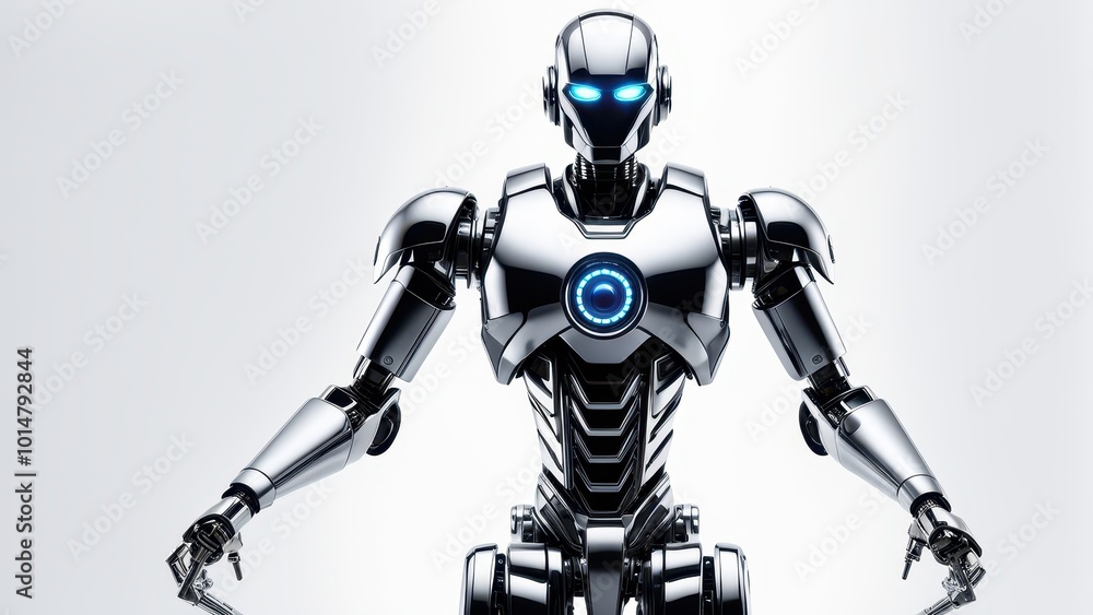 A futuristic humanoid robot with glowing blue eyes and a sleek metallic design. A futuristic humanoid robot with glowing blue eyes and a sleek metallic design.