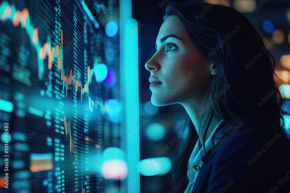 A woman looks at a display of stock prices in a modern setting A woman looks at a display of stock prices in a modern setting