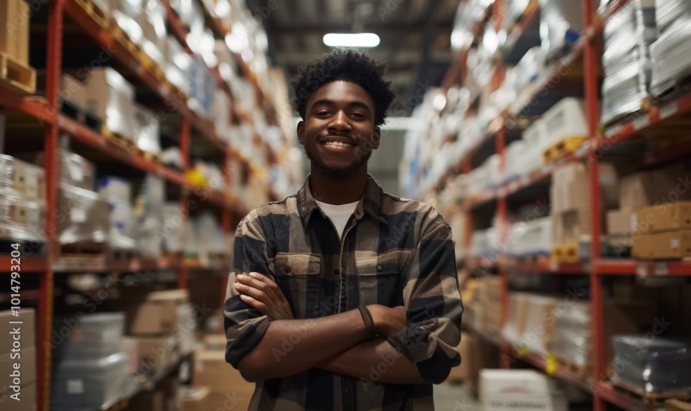 smiling worker in orange vest stands confidently in a warehouse, man working by organized shelves, efficient inventory management and teamwork concept smiling worker in orange vest stands confidently in a warehouse, man working by organized shelves, efficient inventory management and teamwork concept