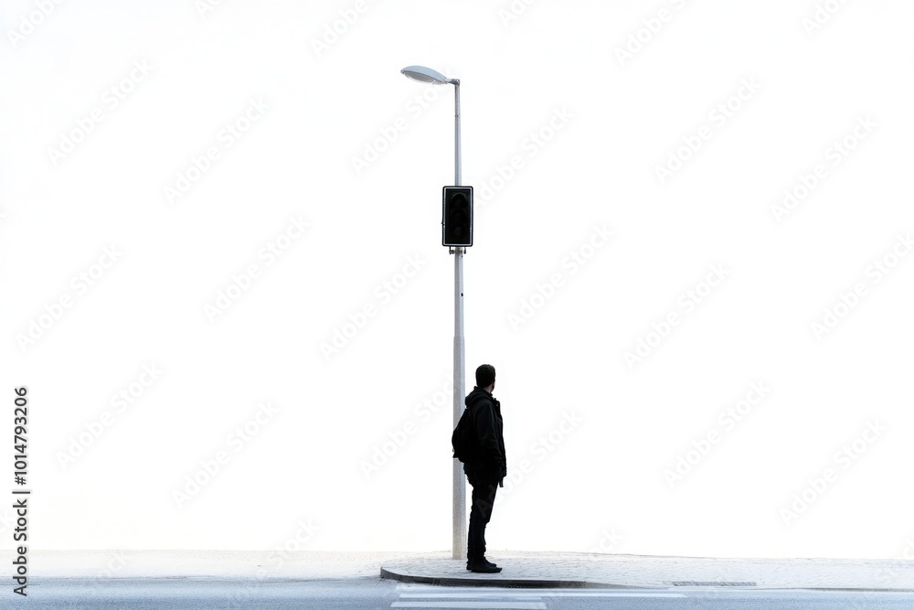 A person stands next to a street light on a city street, possibly waiting or observing