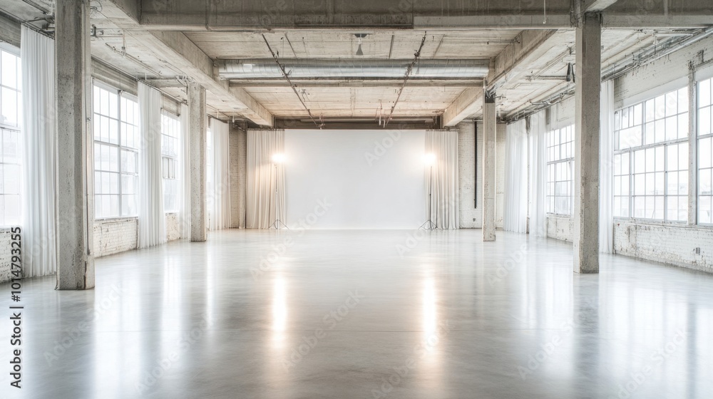A spacious studio setup for film production, with bright lights and a ready backdrop for shooting. A spacious studio setup for film production, with bright lights and a ready backdrop for shooting.