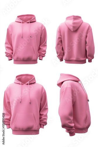 Four different views of a pink hoodie on a white background, useful for e-commerce, fashion, and lifestyle photography photo