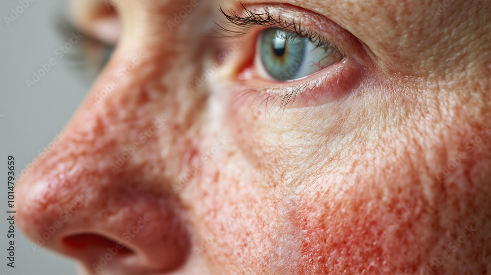 Close-Up Portrait of a Face with Rosacea Highlighting Redness, Visible Blood Vessels, and Small Bumps Under Soft Natural Lighting Close-Up Portrait of a Face with Rosacea Highlighting Redness, Visible Blood Vessels, and Small Bumps Under Soft Natural Lighting