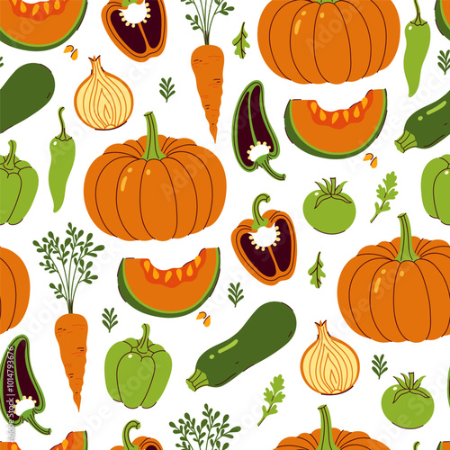 Seamless pattern with orange and green vegetables. Vector graphics.