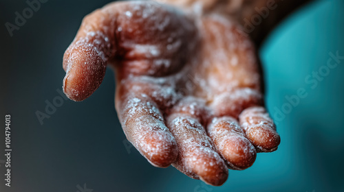 Close-Up of a Hand with Psoriasis Showing Thick Red Patches and Silvery Scales Highlighting Uneven Skin Texture and Distinct Plaque Borders Under Dramatic Lighting photo