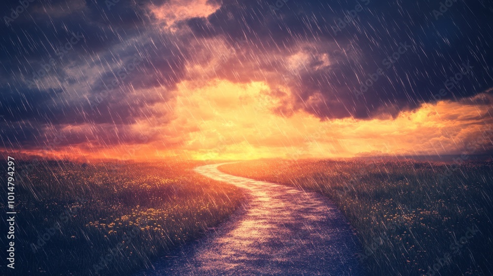 A winding road disappearing into the distance, surrounded by storm clouds and rain. Perfect for natural landscape and weather concepts A winding road disappearing into the distance, surrounded by storm clouds and rain. Perfect for natural landscape and weather concepts