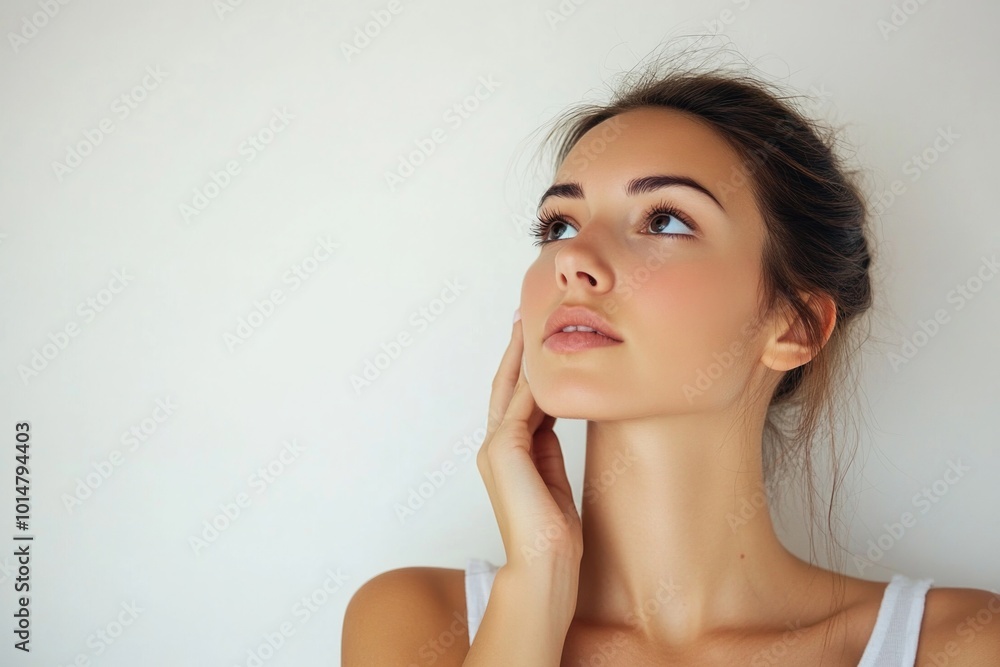 A woman thoughtfully gazing upwards, deep in contemplation A woman thoughtfully gazing upwards, deep in contemplation