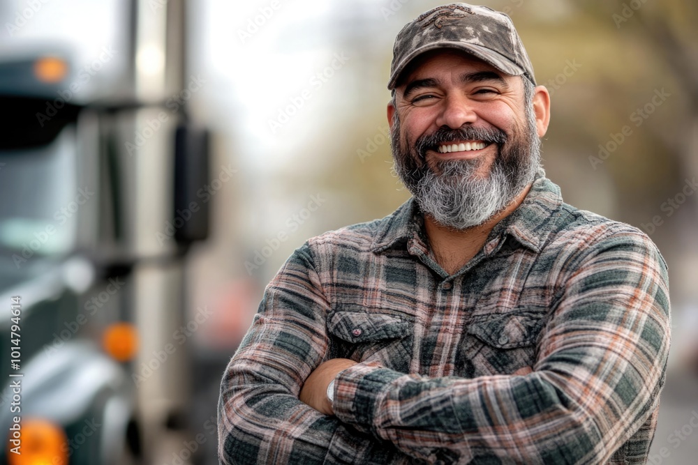 A man with a beard standing near a truck, possibly waiting or working on it A man with a beard standing near a truck, possibly waiting or working on it