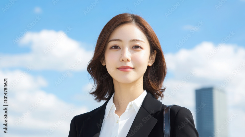 Beautiful Japanese woman in a black suit and white shirt looks up at the sky with skyscrapers and blue in the background. Beautiful Japanese woman in a black suit and white shirt looks up at the sky with skyscrapers and blue in the background.