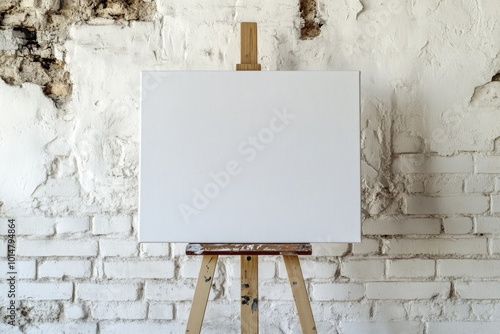 A painter's setup with a blank canvas and a brick wall background photo