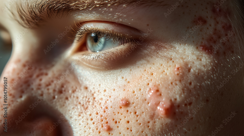 High-Resolution Close-Up of Acne on Teenage Skin, Highlighting Red Pimples and Blackhead Clusters High-Resolution Close-Up of Acne on Teenage Skin, Highlighting Red Pimples and Blackhead Clusters