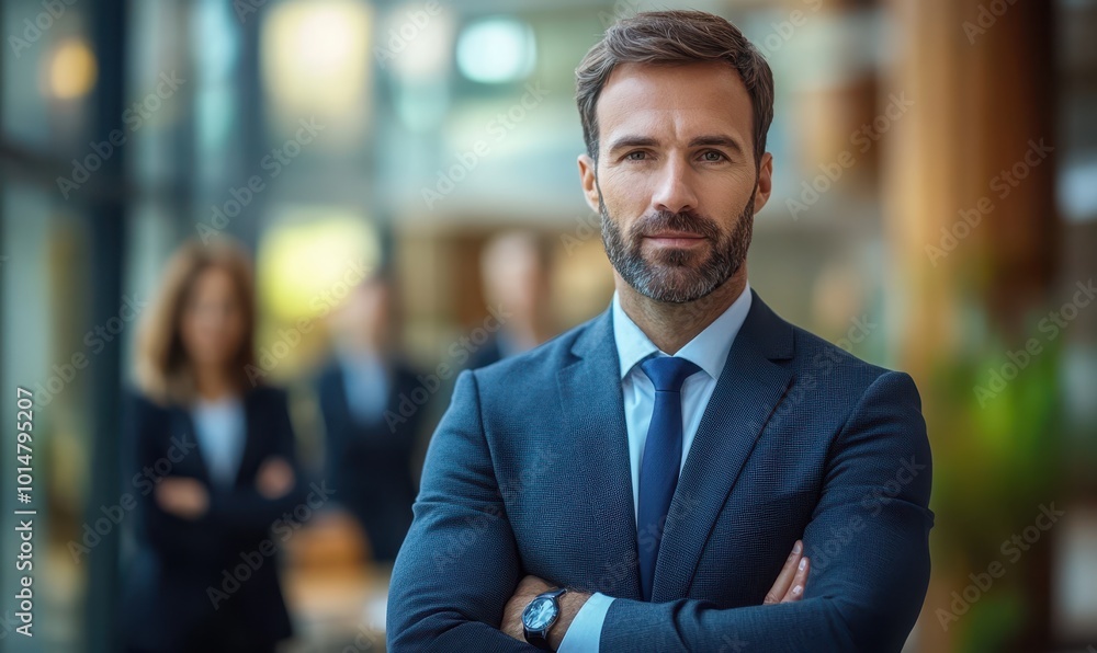 Fototapeta premium leader businessman in suit in with blurred team people in office, successful teamwork and confident manager
