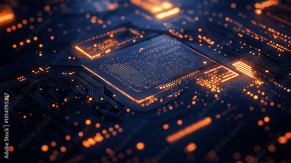 Futuristic Circuit Board with Glowing Orange Elements Futuristic Circuit Board with Glowing Orange Elements