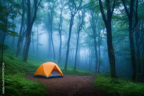 Camping in a Misty Forest