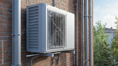 Air source heat pump unit installed outdoors at a modern home with bricks