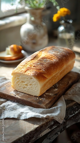 Freshly Baked Loaf of White Bread on Wooden Table