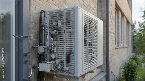 Air source heat pump unit installed outdoors at a modern home with bricks photo