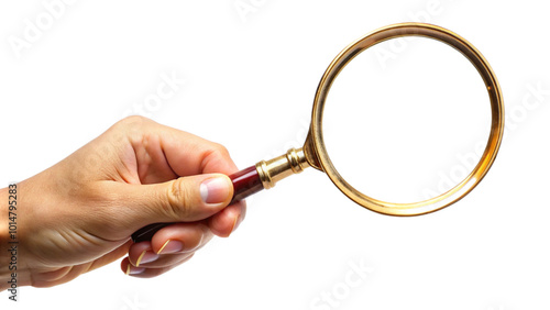 Hand holding magnifying glass isolated on transparent background