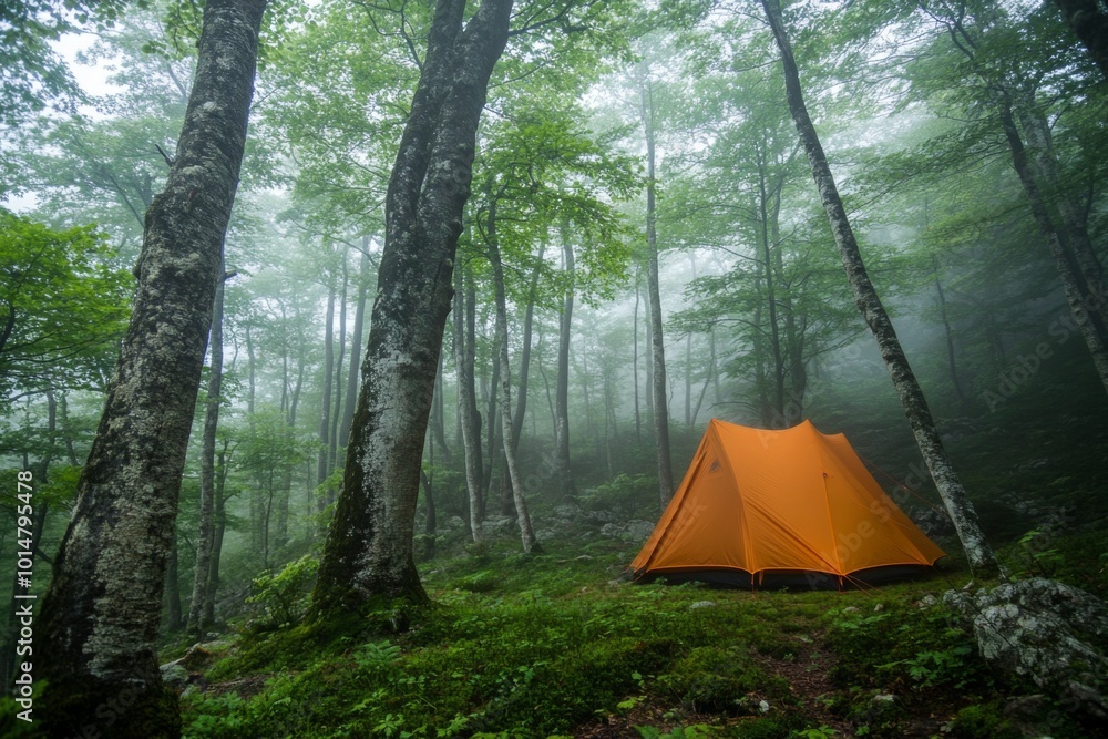 Orange Tent In Foggy Forest Orange Tent In Foggy Forest