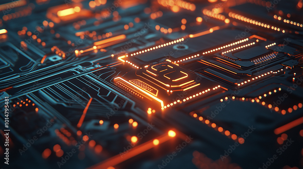 Futuristic Circuit Board with Glowing Orange Elements Futuristic Circuit Board with Glowing Orange Elements