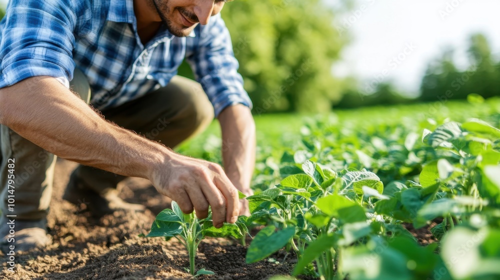 Fototapeta premium An agronomist carefully inspecting a field of soybean crops, representing modern agricultural practices.