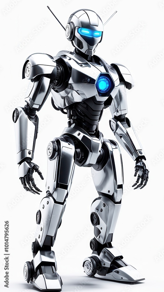 A futuristic humanoid robot with a sleek design and glowing blue features. A futuristic humanoid robot with a sleek design and glowing blue features.