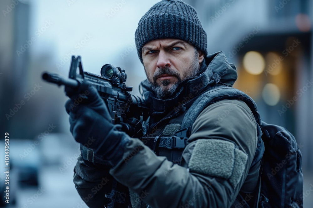 A person holding a firearm on a urban avenue A person holding a firearm on a urban avenue