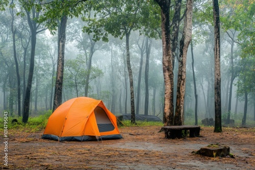 Orange Tent in a Foggy Forest