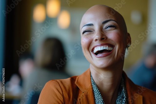 A person with a shaved or bald head smiling directly into the camera lens photo