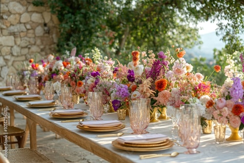 A colorful arrangement of various flowers and foliage on a table