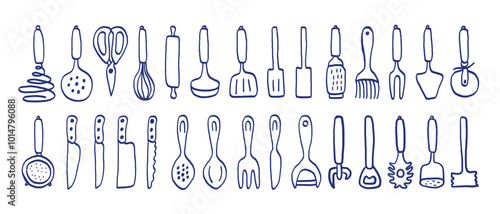 Kitchenware sketch set. Doodle line vector kitchen utensils, tools and cutlery. Whisk, slotted spoon, scissors, rolling pin, ladle and spatula. Sieve, knife, spoon, fork, peeler and opener.