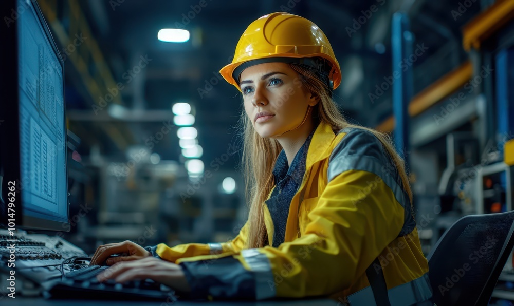 Woman with yellow helmet work on computer inside the heavy industry factory, female industrial engineer works on personal computer typing and check equipment Woman with yellow helmet work on computer inside the heavy industry factory, female industrial engineer works on personal computer typing and check equipment
