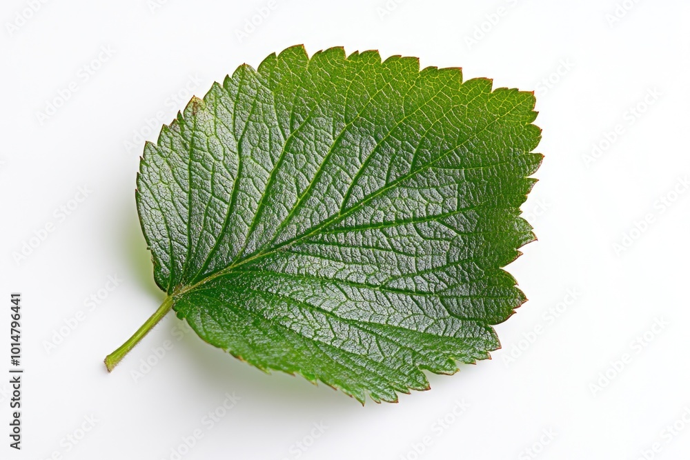 Fototapeta premium A single leaf captured in detail on a clean white background, ideal for use as a design element or illustration