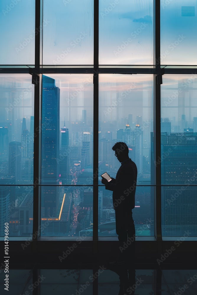 Fototapeta premium Man Looking at Cityscape Through Window