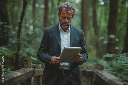 Man in suit reading tablet in forest