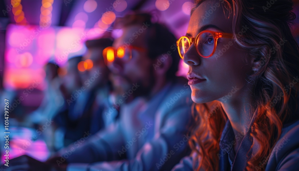 Woman in Neon Lights Looking Away Woman in Neon Lights Looking Away