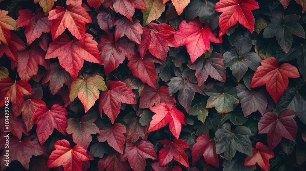 A close-up view of a wall overgrown with red and green leaves A close-up view of a wall overgrown with red and green leaves