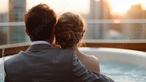 A romantic couple is seen embracing in a rooftop hot tub during sunset, symbolizing intimacy and tranquility in an urban setting, beautifully framed against a skyline.