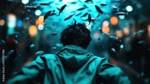 An individual immersed in deep blue water, surrounded by swirling fish and ambient lights, representing an extraordinary experience of wonder and connection with nature.