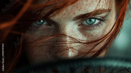 A close-up portrait emphasizing intense emotion through deep, expressive blue eyes, beautifully highlighted by rich tones and authentic facial features. photo