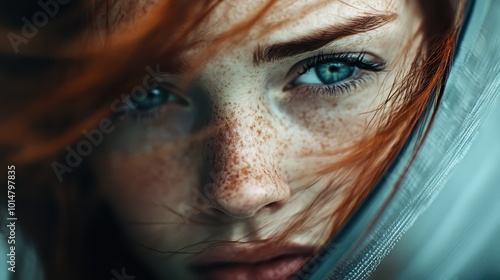 Portrait focusing on freckles and blue eyes wrapped in mystery, featuring a vivid expression and the natural charm of a person with an artistic aura. photo