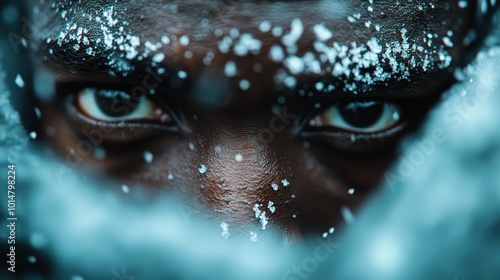 An intense gaze fixed through a frosty and snowy texture, capturing the essence of focus and determination in adverse winter conditions.