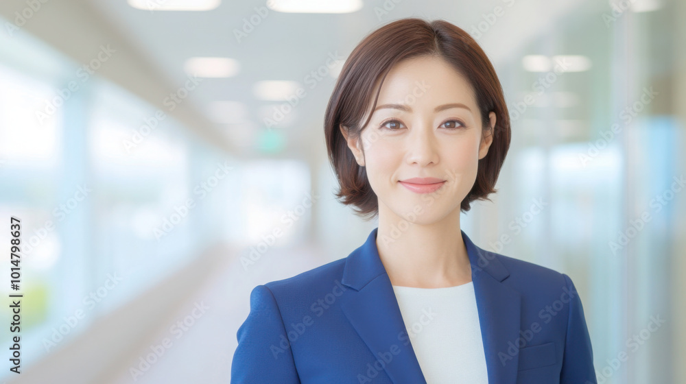 Photograph of a Japanese businesswoman happily walking in an office building. She is wearing a navy blue suit and white shirt, smiling at the camera, against a white background and soft lighting. Photograph of a Japanese businesswoman happily walking in an office building. She is wearing a navy blue suit and white shirt, smiling at the camera, against a white background and soft lighting.