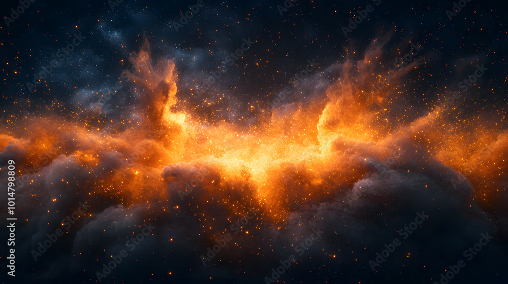 In the foreground, an explosion of dust and particles creates a dramatic and dynamic visual, evoking a sense of movement and energy. The swirling clouds of dust, illuminated by soft light, add depth a In the foreground, an explosion of dust and particles creates a dramatic and dynamic visual, evoking a sense of movement and energy. The swirling clouds of dust, illuminated by soft light, add depth a