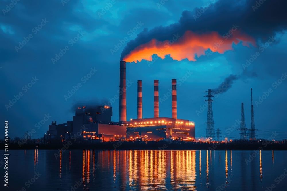 Obraz premium A factory emitting smoke from its stacks, industrial setting