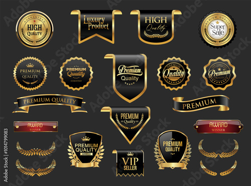 Gold and black luxury labels and badges premium quality certificate ribbons illustration 